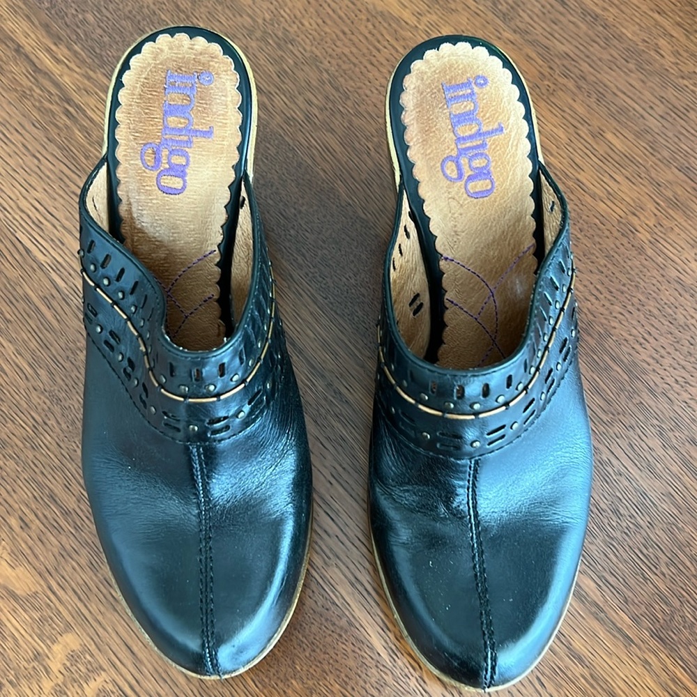 Indigo by Clark - Black Slip on High Heel Mule with decorative cutouts